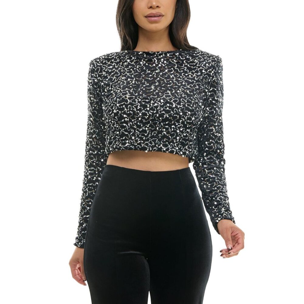 NWT Alex & Sophia Faux Pearl Trim Sequin Club Shirt Top Black / Silver Pearl M